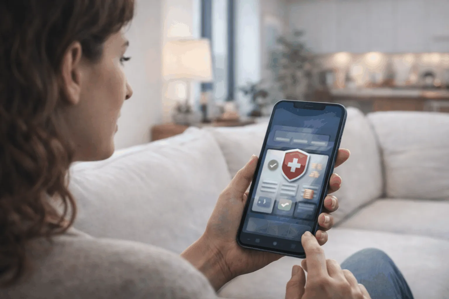 Donna utilizza uno smartphone per accedere a un casino online legale in Svizzera dal divano di casa