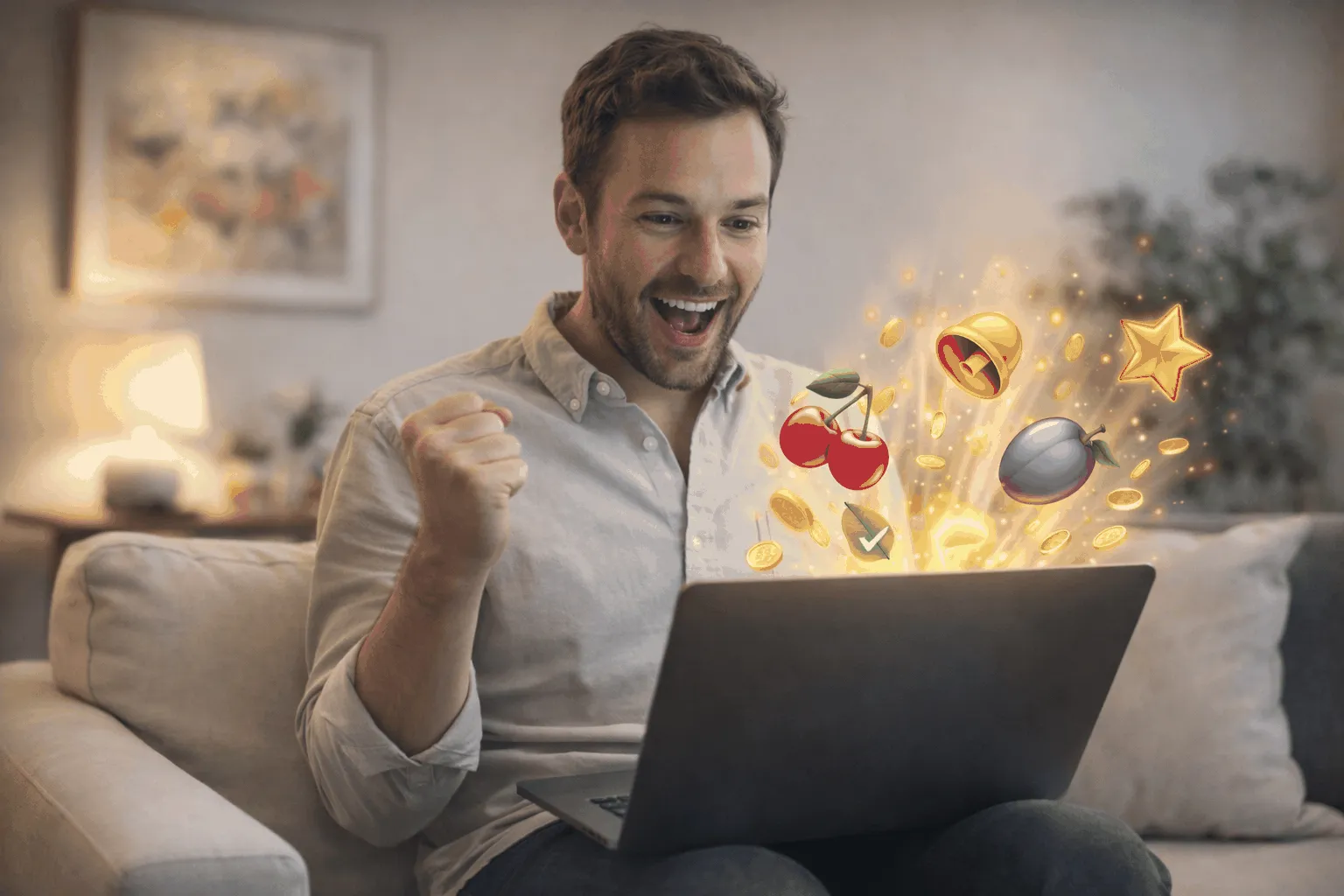 Uomo felice utilizza un laptop con slot online in azione in un ambiente moderno e rilassato